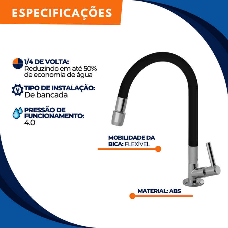 Torneira Bancada Cozinha C70 1/4 Volta 1168 ABS Colorflex Preta