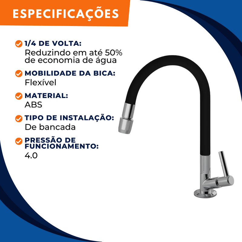 Torneira Bancada Cozinha C70 1/4 Volta 1168 ABS Colorflex Preta