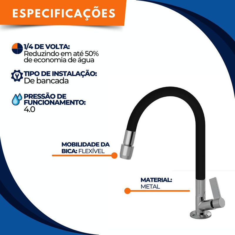 Torneira 1168 Bancada Aquaduo C17 Metal + Engate 60CM Preta