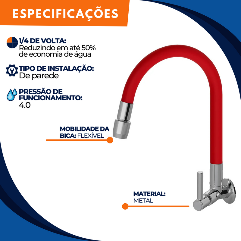 Torneira 1167 Parede Color Aquaduo C70 Metal Vermelha