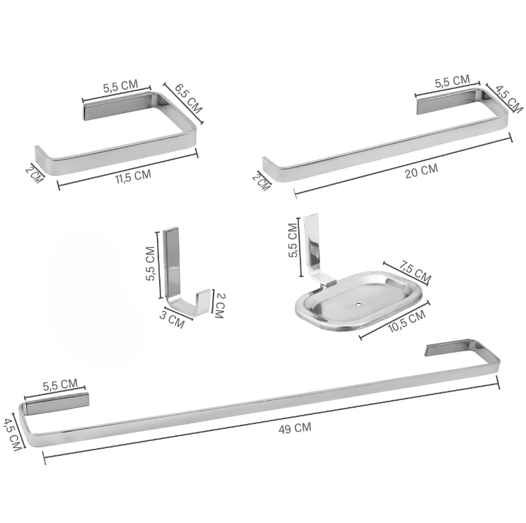kit banheiro luxo quadrado Cromado com 5pcs